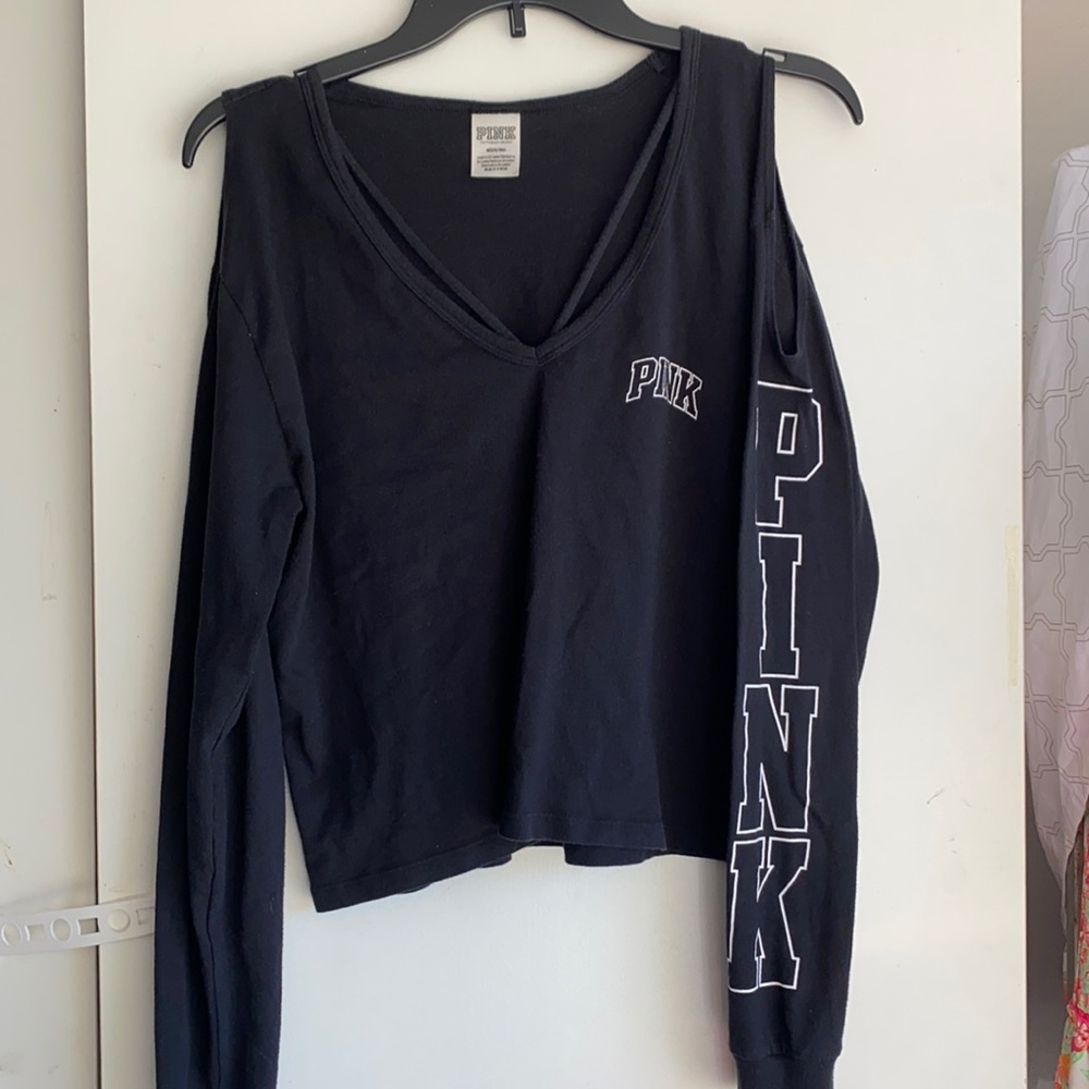 Black cold shoulder pink top